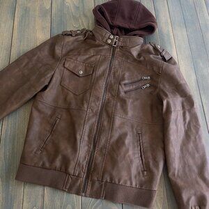 Brown Faux Vegan Leather Hooded Motorcycle Outdoor Jacket Mens Large (INSC)